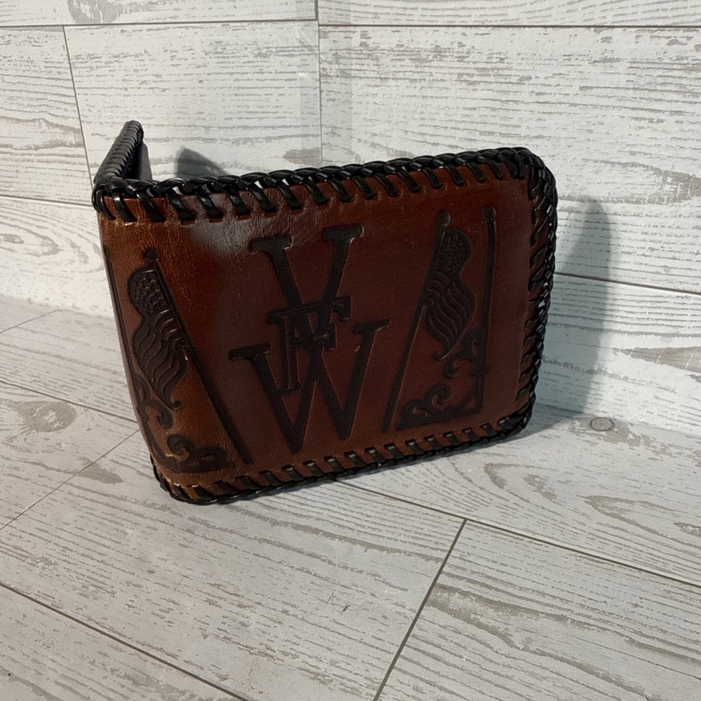 VTG Bifold Leather Wallet Hand Tooled Whipstitch USA Made VFW Veteran Military